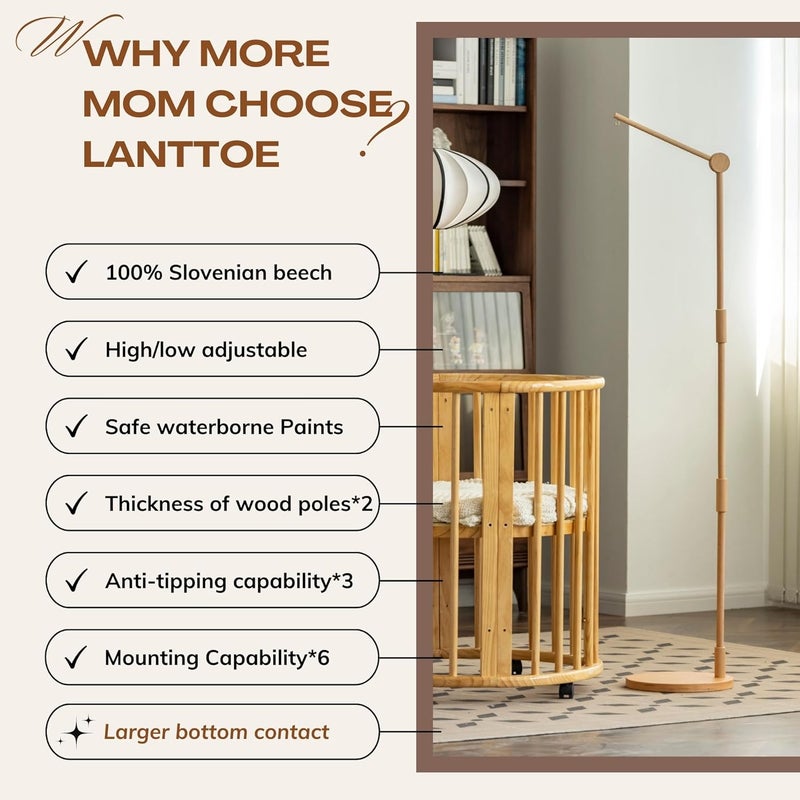 Lanttoe Wooden Floor-Standing Crib Mobile Arm Pro 61 Inches for Baby Nursery-Movable Baby Mobile Hanger with Strong Anti-Dumping Attachment-100% Natural Beech Wood-Thicker Wooden Pole-UpgradeThickened - Image 2